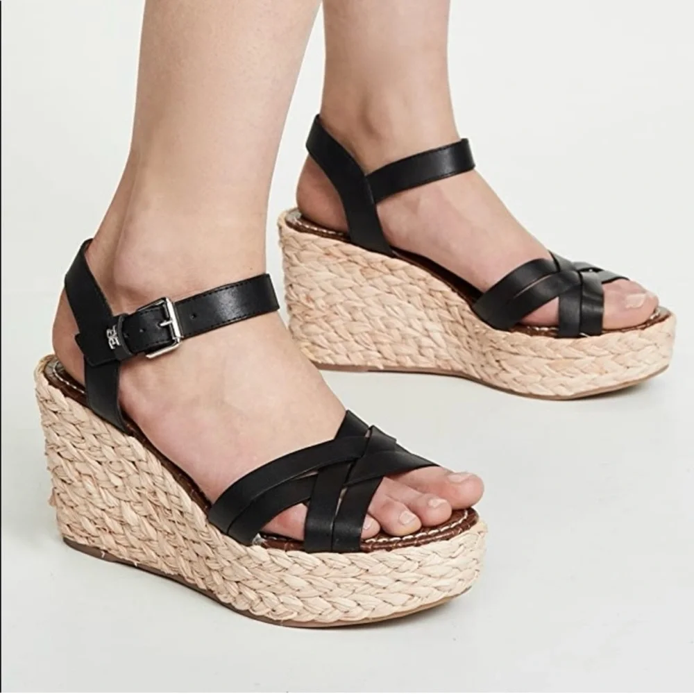 Sam Edelman Darline Black Leather Wedge Espadrilles Sandals - Picture 11 of 11